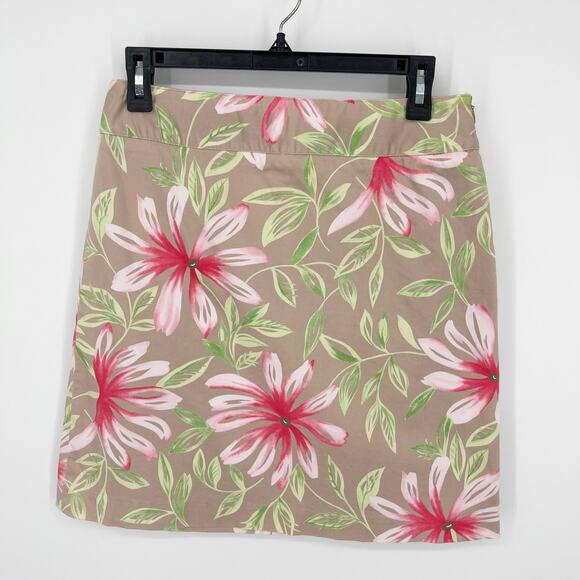 Talbots Skirt Womens Sz 8P Tan Pink Green Tropical Floral Cotton Blend Stretch - Picture 1 of 6